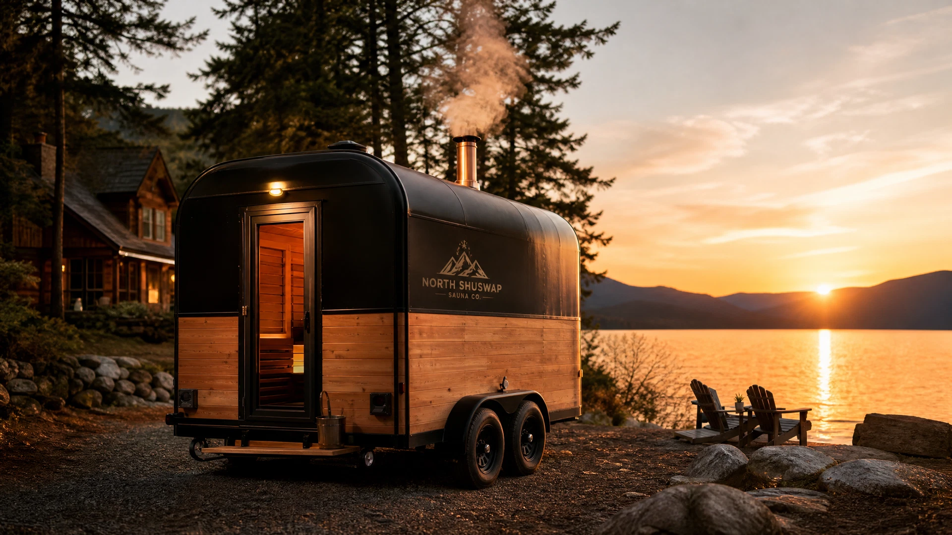Sauna trailer parked at the lake at sunset