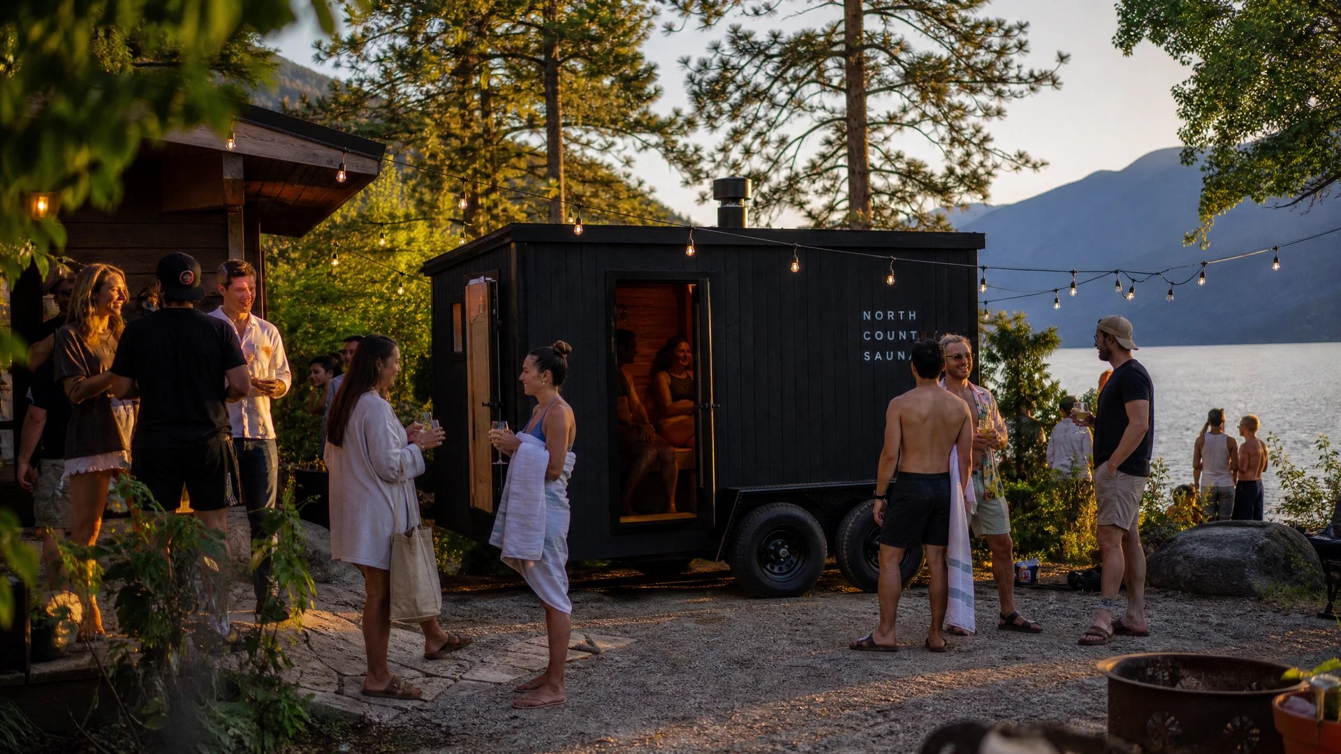 Friends gathered around the sauna at a party