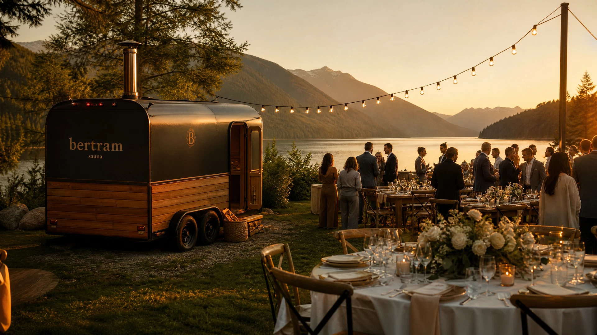 Sauna trailer at a lakeside wedding