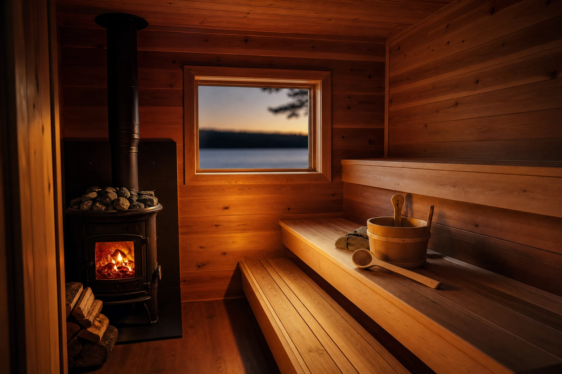 Warm cedar interior of the sauna trailer with tiered benches